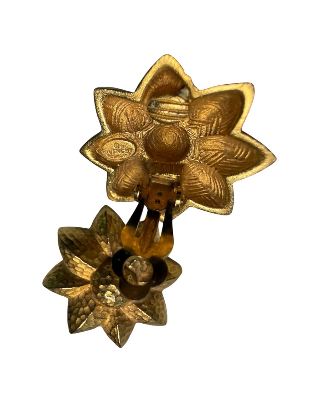 Vintage Givenchy Gold Tone Hammered Flower Clip Earrings Textured Floral - Picture 3 of 7